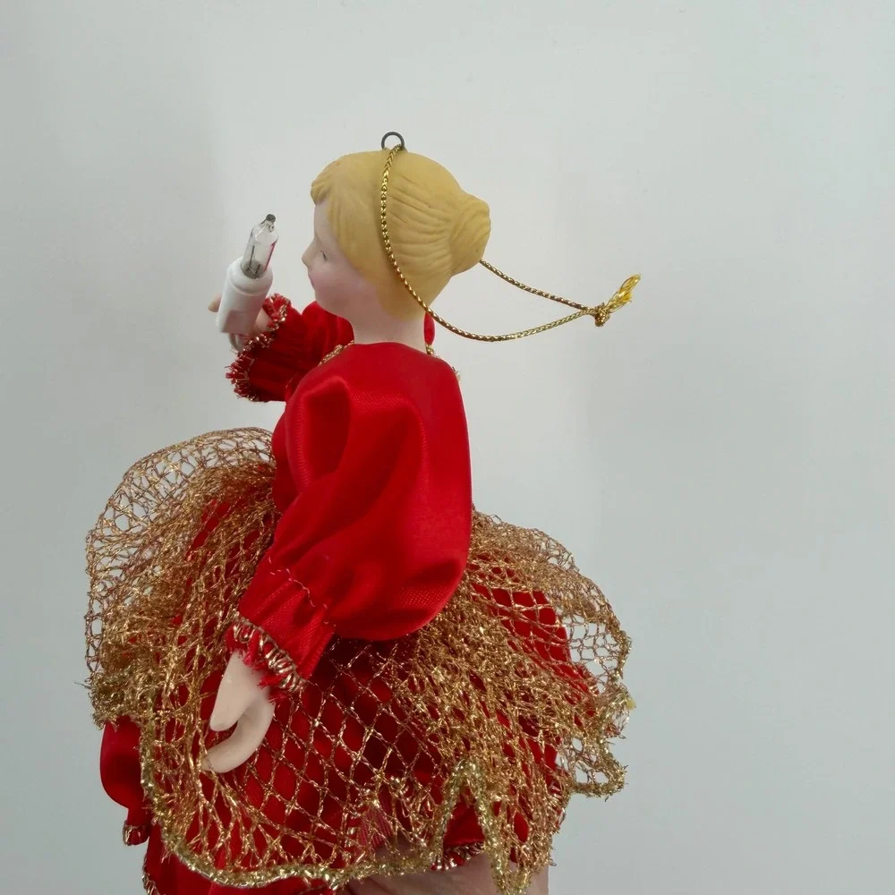 Vintage Ballerina Doll Christmas Ornament Red Gown Gold Trim Holding‎ Light